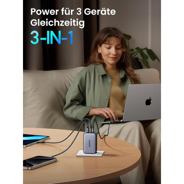 Зарядний пристрій Ugreen Nexode X756 USB C Charger 100W Mini GaN з 3 портами Grey